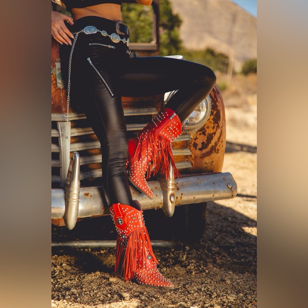 Fringe Western Boots with Rhinestones & Turquoise Studs - Azalea Wang - Picture 6 of 6